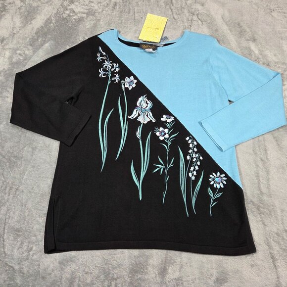 Bob Mackie Sweater Large Blue Black Embroidered Floral Boho Artsy Tunic NEW - Picture 1 of 8